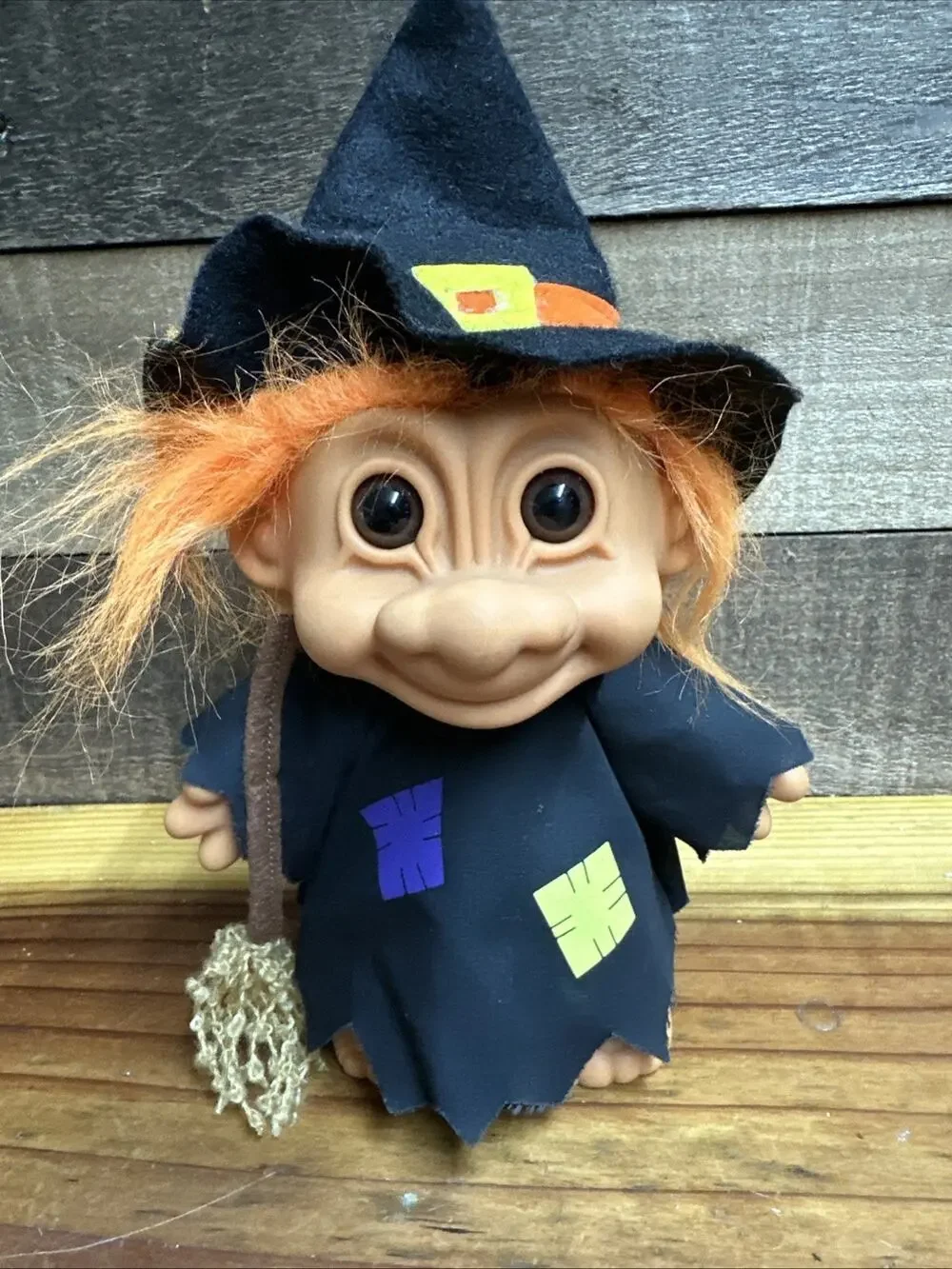 Vintage Russ 10” Witch Troll With Broom And Orange Hair